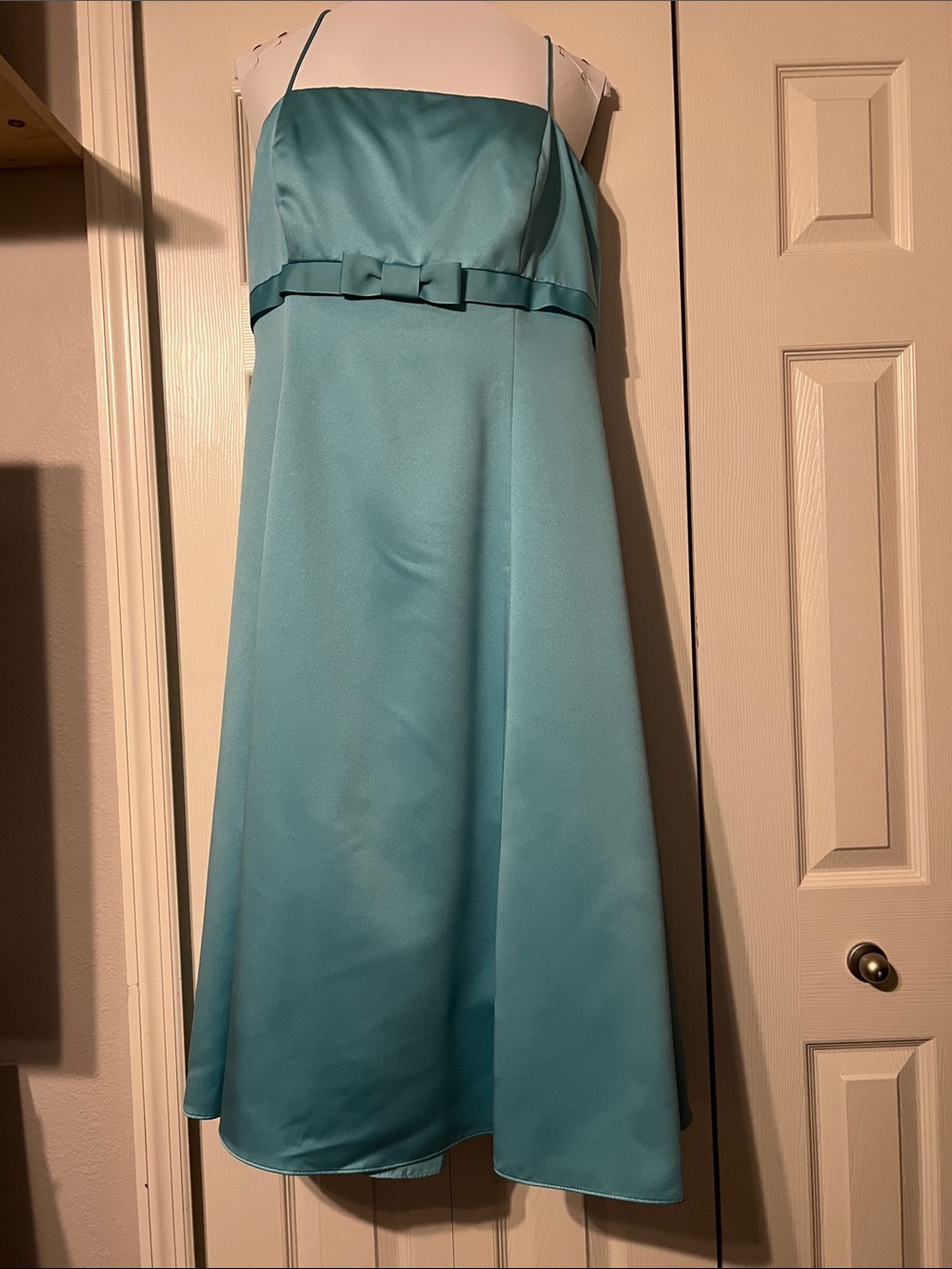 David's Bridal Teal Satin A-Line Midi Dress with Bow